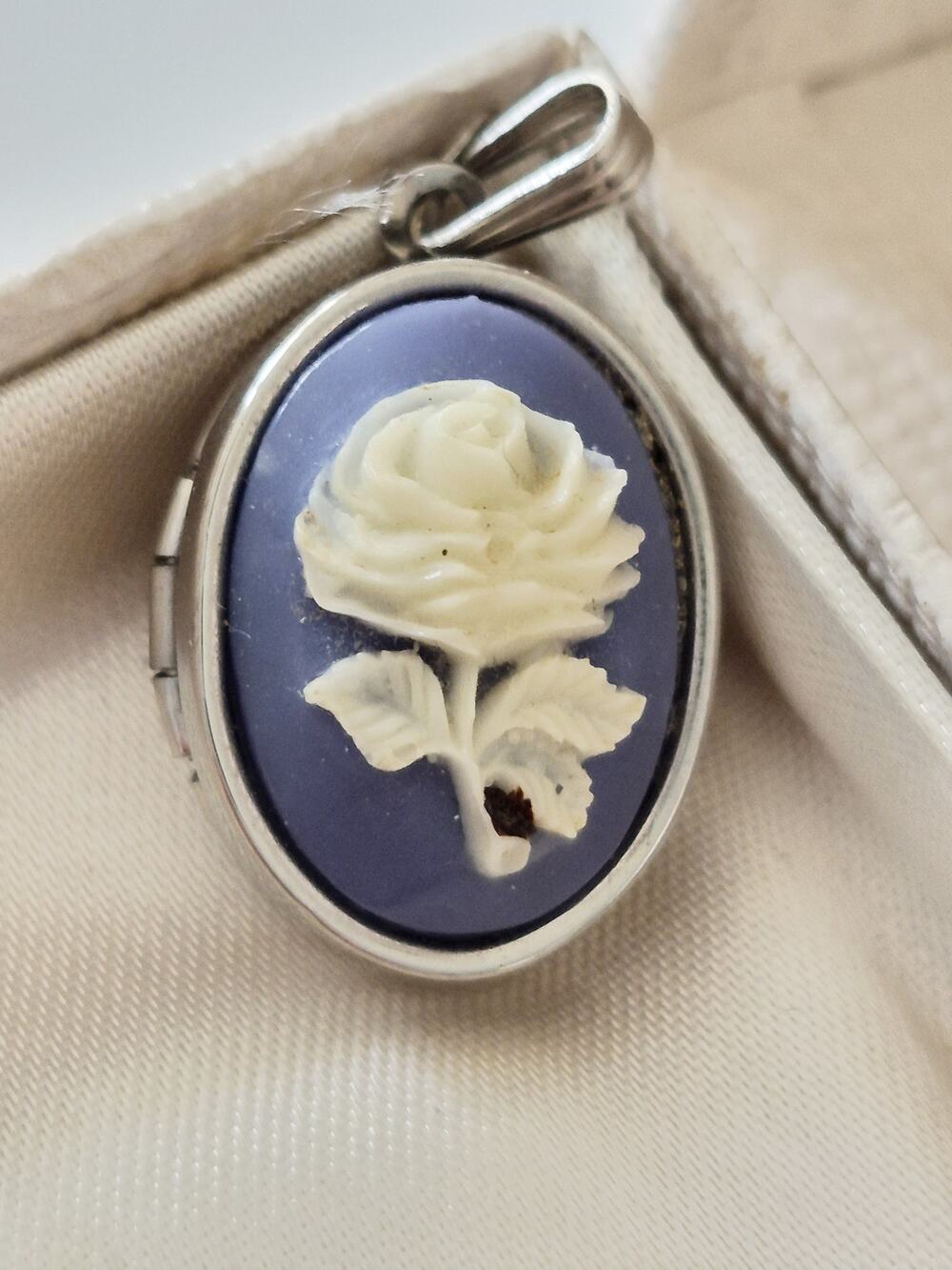 Vintage Mini Blue and White Faux Cameo Locket Pendant